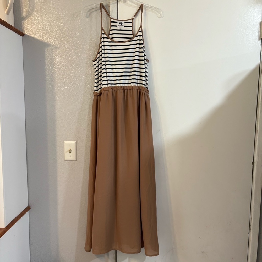 Against Nudity Montreal Striped Midi Dress Tan White Large Coastal Minimalist